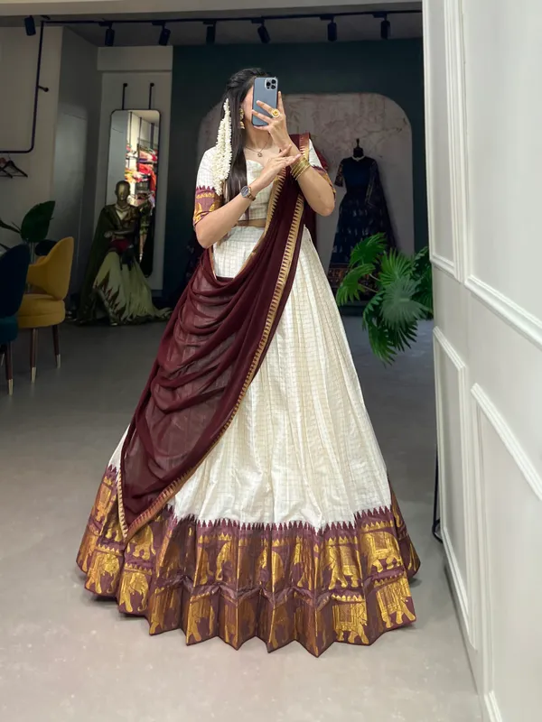 White_Pure_Shimmer_Off_Weaving_Work_Lehenga_Choli_Set_With_Maroon_Dupatta_For_Women