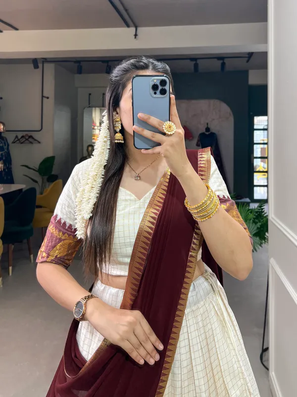 White_Pure_Shimmer_Off_Weaving_Work_Lehenga_Choli_Set_With_Maroon_Dupatta_For_Women