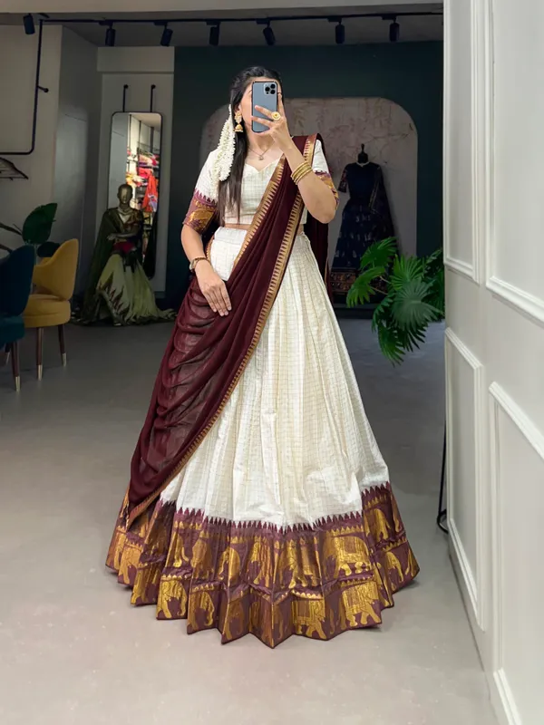 White_Pure_Shimmer_Off_Weaving_Work_Lehenga_Choli_Set_With_Maroon_Dupatta_For_Women