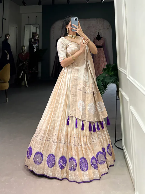 Purple_Pure_Shimmer_Beige_Weaving_Work_Lehenga_Choli_Set_With_Dupatta_For_Women