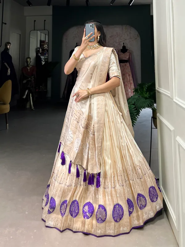 Purple_Pure_Shimmer_Beige_Weaving_Work_Lehenga_Choli_Set_With_Dupatta_For_Women