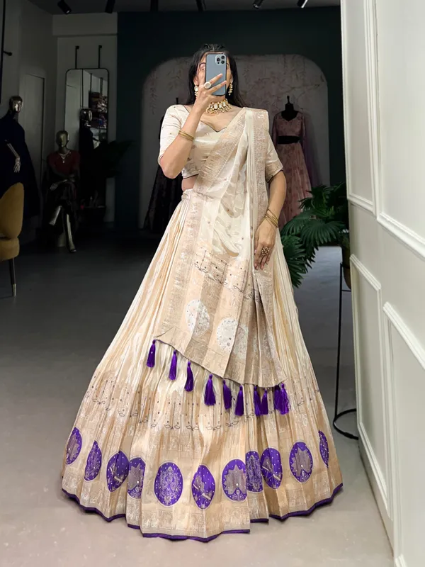 Purple_Pure_Shimmer_Beige_Weaving_Work_Lehenga_Choli_Set_With_Dupatta_For_Women