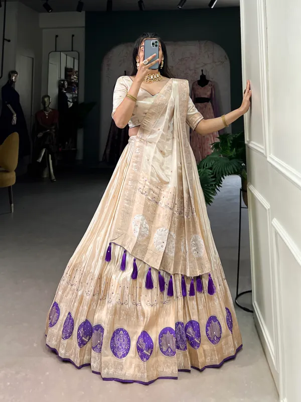 Purple_Pure_Shimmer_Beige_Weaving_Work_Lehenga_Choli_Set_With_Dupatta_For_Women