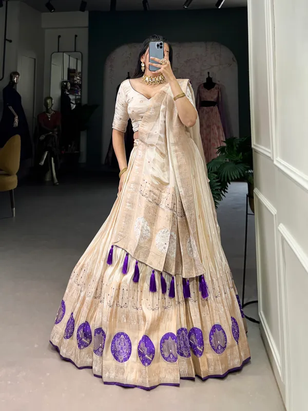 Purple_Pure_Shimmer_Beige_Weaving_Work_Lehenga_Choli_Set_With_Dupatta_For_Women