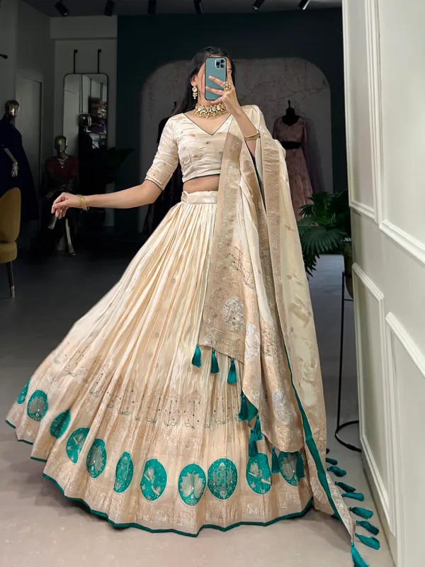 Green_Pure_Shimmer_Beige_Weaving_Work_Lehenga_Choli_Set_With_Dupatta_For_Women