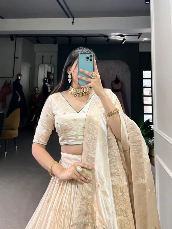 Green_Pure_Shimmer_Beige_Weaving_Work_Lehenga_Choli_Set_With_Dupatta_For_Women