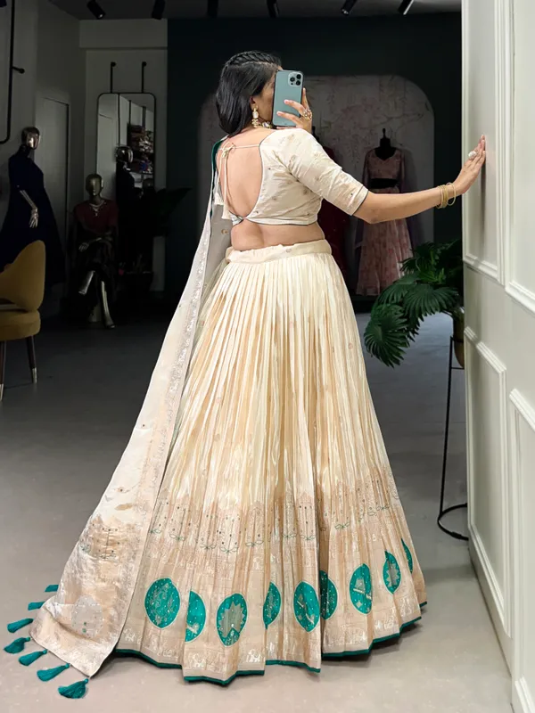 Green_Pure_Shimmer_Beige_Weaving_Work_Lehenga_Choli_Set_With_Dupatta_For_Women
