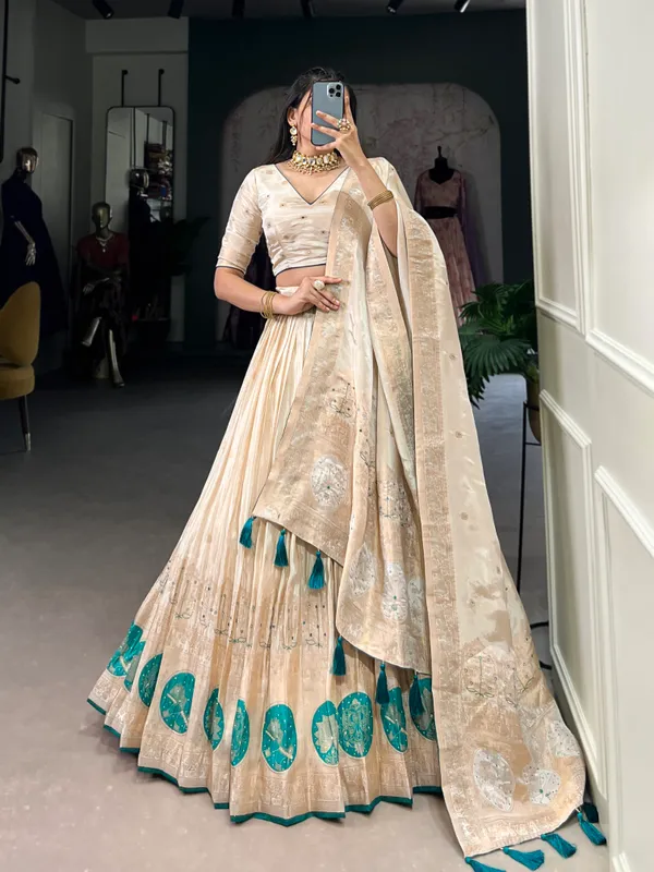 Green_Pure_Shimmer_Beige_Weaving_Work_Lehenga_Choli_Set_With_Dupatta_For_Women