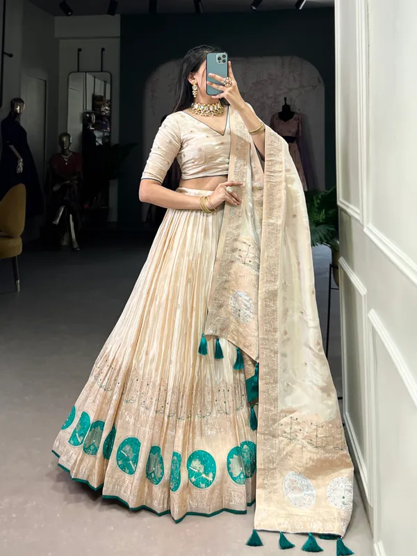 Green_Pure_Shimmer_Beige_Weaving_Work_Lehenga_Choli_Set_With_Dupatta_For_Women