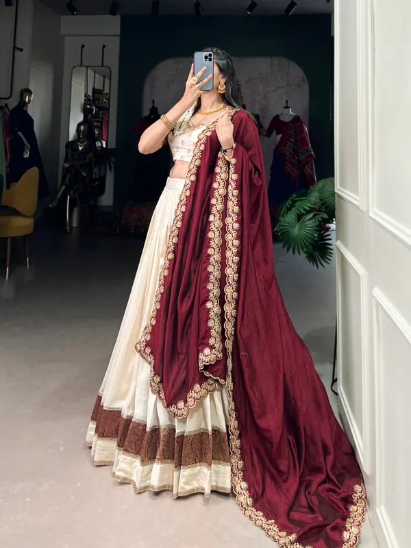 White_Vichitra_Silk_Embroidered_Ivory_Lehenga_Choli_Set_With_Maroon_Dupatta_For_Women