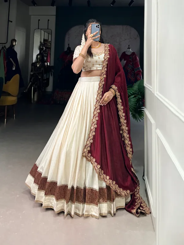 White_Vichitra_Silk_Embroidered_Ivory_Lehenga_Choli_Set_With_Maroon_Dupatta_For_Women