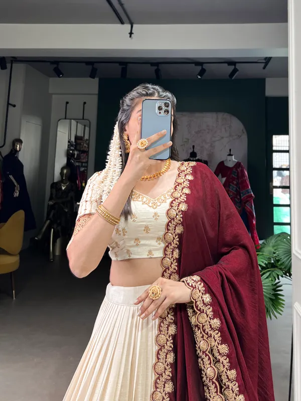 White_Vichitra_Silk_Embroidered_Ivory_Lehenga_Choli_Set_With_Maroon_Dupatta_For_Women