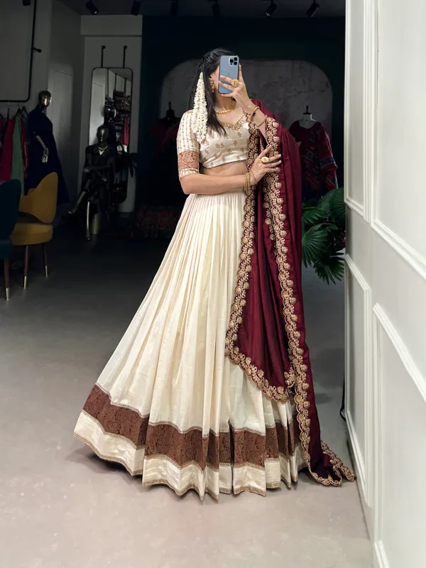 White_Vichitra_Silk_Embroidered_Ivory_Lehenga_Choli_Set_With_Maroon_Dupatta_For_Women