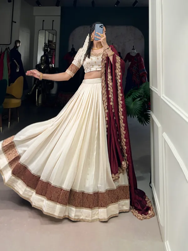 White_Vichitra_Silk_Embroidered_Ivory_Lehenga_Choli_Set_With_Maroon_Dupatta_For_Women