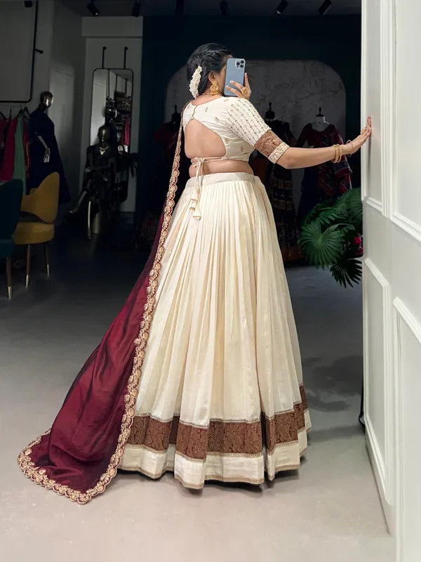 White_Vichitra_Silk_Embroidered_Ivory_Lehenga_Choli_Set_With_Maroon_Dupatta_For_Women
