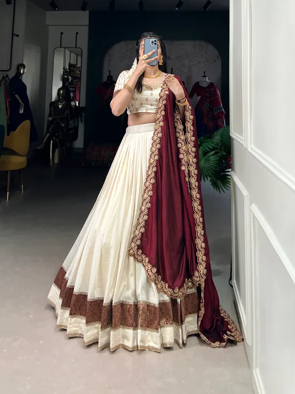White_Vichitra_Silk_Embroidered_Ivory_Lehenga_Choli_Set_With_Maroon_Dupatta_For_Women