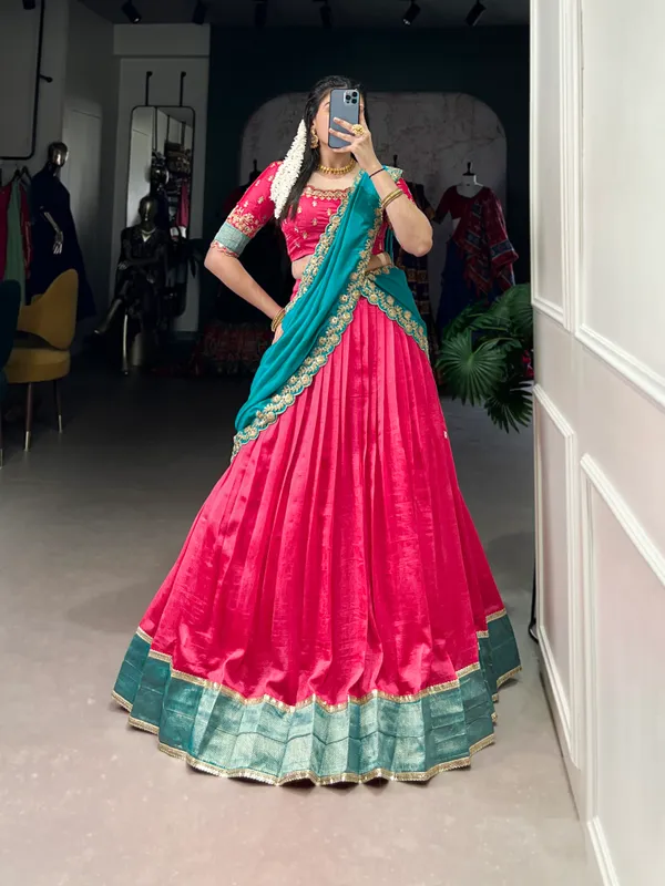 Pink_Vichitra_Silk_Embroidered_Ivory_Lehenga_Choli_Set_With_Maroon_Dupatta_For_Women