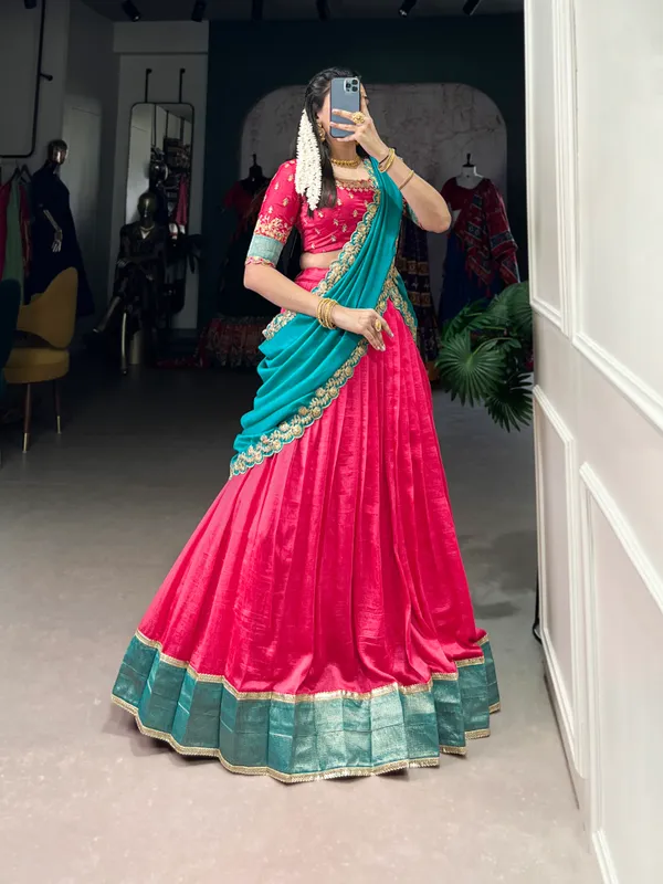 Pink_Vichitra_Silk_Embroidered_Ivory_Lehenga_Choli_Set_With_Maroon_Dupatta_For_Women