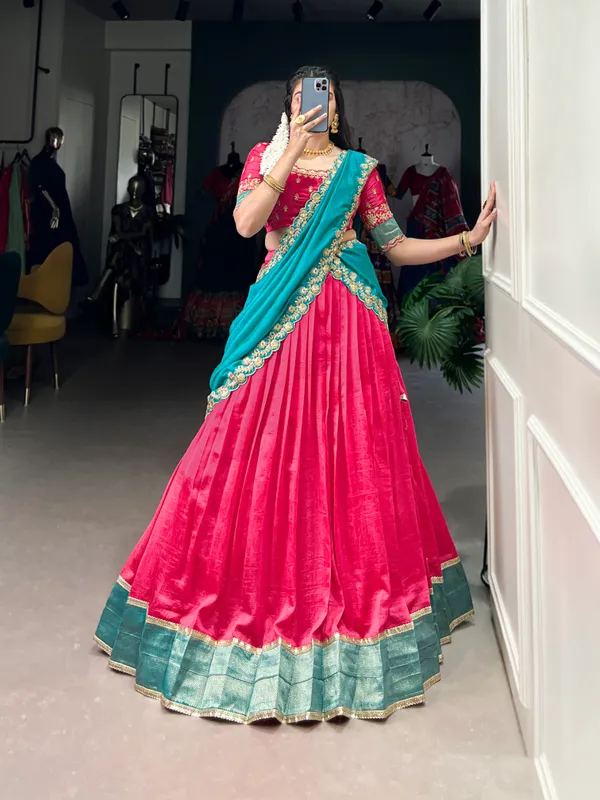 Pink_Vichitra_Silk_Embroidered_Ivory_Lehenga_Choli_Set_With_Maroon_Dupatta_For_Women