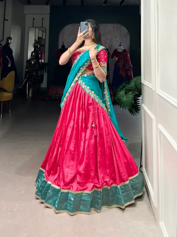 Pink_Vichitra_Silk_Embroidered_Ivory_Lehenga_Choli_Set_With_Maroon_Dupatta_For_Women