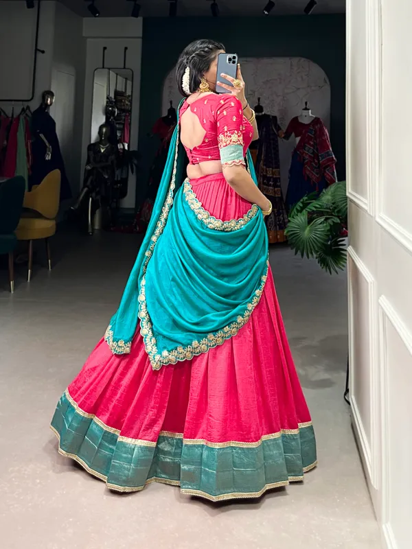 Pink_Vichitra_Silk_Embroidered_Ivory_Lehenga_Choli_Set_With_Maroon_Dupatta_For_Women