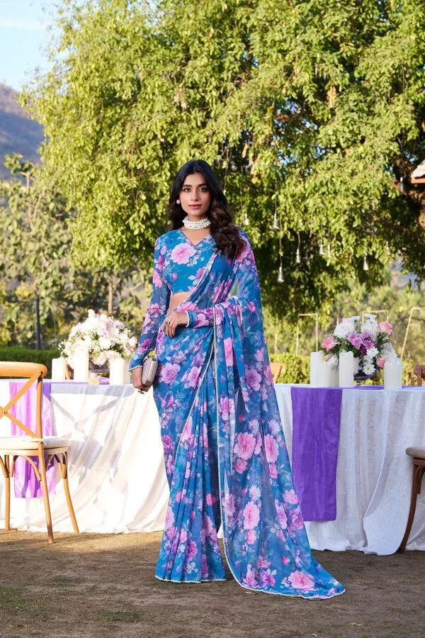 Blue_Floral_Print_Bollywood_Georgette_Saree_For_Women