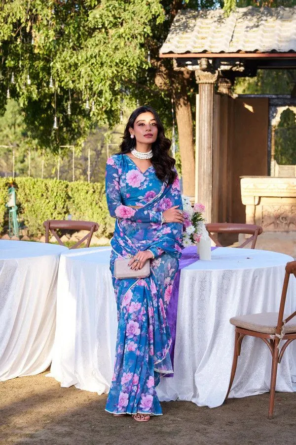 Blue_Floral_Print_Bollywood_Georgette_Saree_For_Women