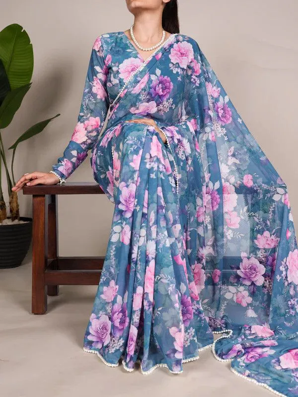 Blue_Floral_Print_Bollywood_Georgette_Saree_For_Women