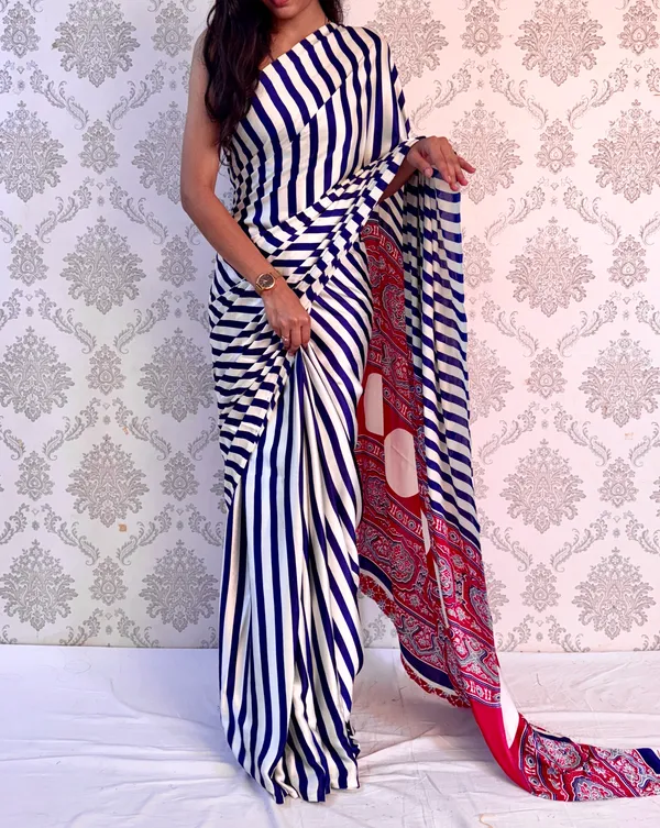 Blue_Satin_Silk_Stripe_Elegance_Classy_Draped_Saree_For_Women