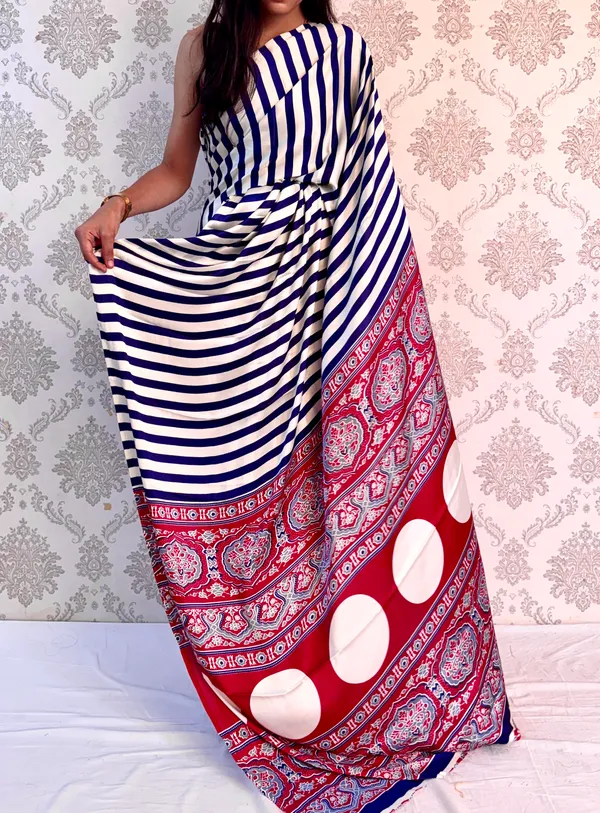 Blue_Satin_Silk_Stripe_Elegance_Classy_Draped_Saree_For_Women