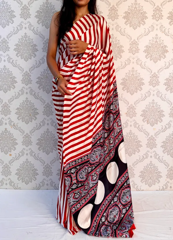 Red_Satin_Silk_Stripe_Elegance_Classy_Draped_Saree_For_Women