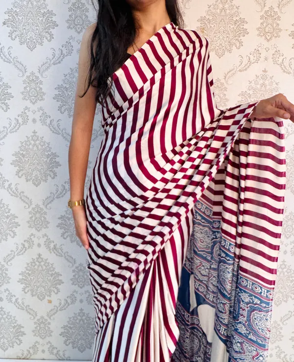 Wine_Satin_Silk_Stripe_Elegance_Classy_Draped_Saree_For_Women