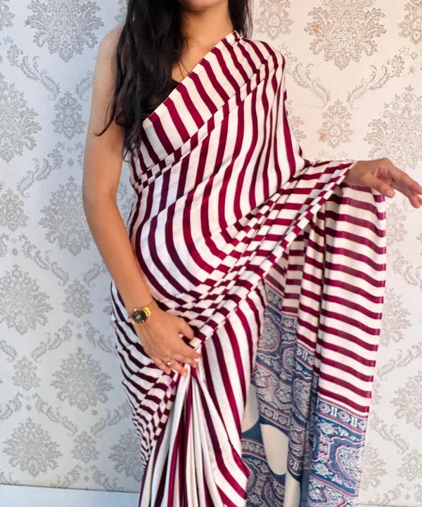 Wine_Satin_Silk_Stripe_Elegance_Classy_Draped_Saree_For_Women