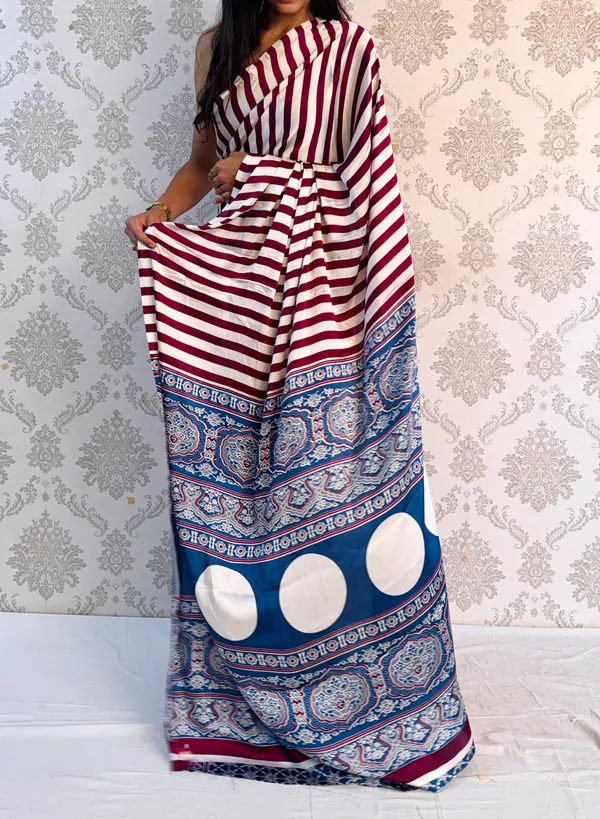 Wine_Satin_Silk_Stripe_Elegance_Classy_Draped_Saree_For_Women