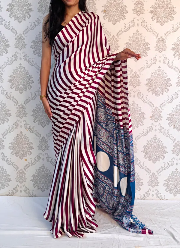 Wine_Satin_Silk_Stripe_Elegance_Classy_Draped_Saree_For_Women