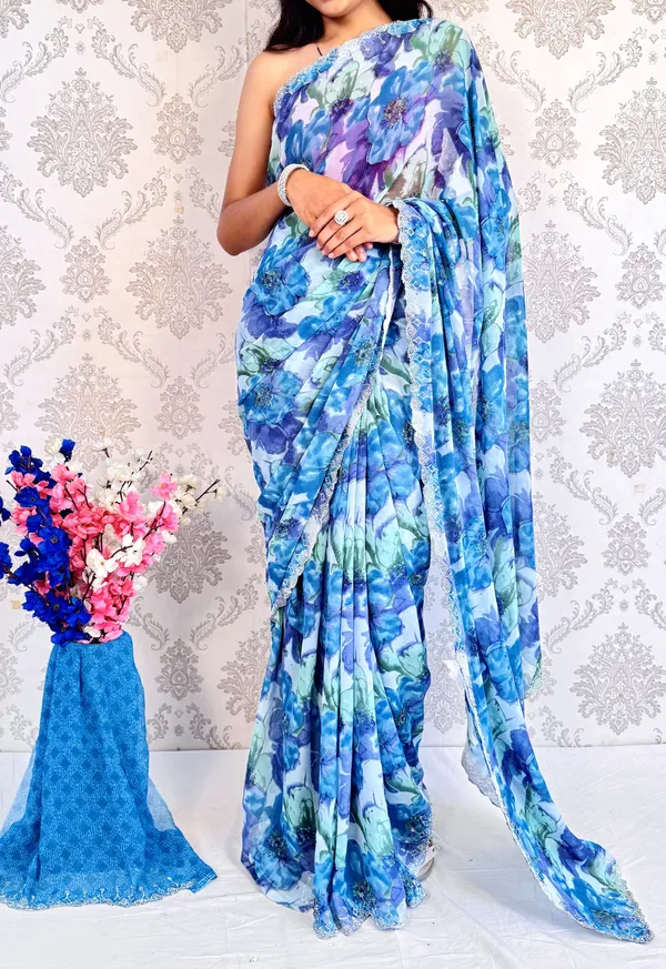 Blue_Floral_Print_Bollywood_Georgette_Saree_For_Women