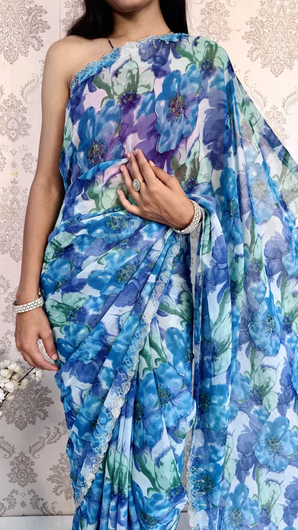 Blue_Floral_Print_Bollywood_Georgette_Saree_For_Women