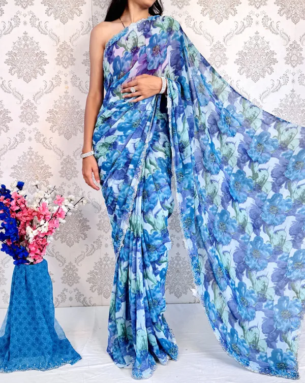 Blue_Floral_Print_Bollywood_Georgette_Saree_For_Women