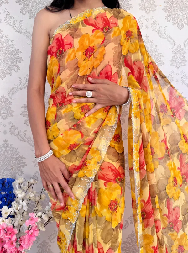 Yellow_Floral_Print_Bollywood_Georgette_Saree_For_Women
