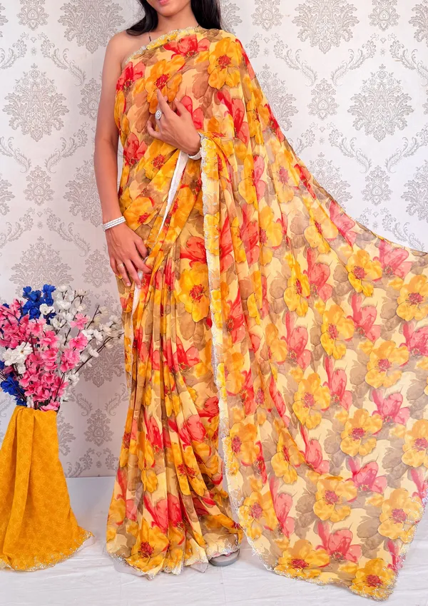 Yellow_Floral_Print_Bollywood_Georgette_Saree_For_Women