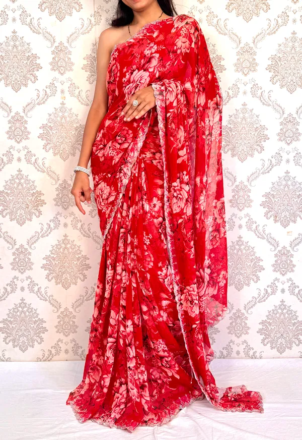 Red_Georgette_Elegant_Floral_Print_Saree_With_Rich_Lace_Border_For_Women