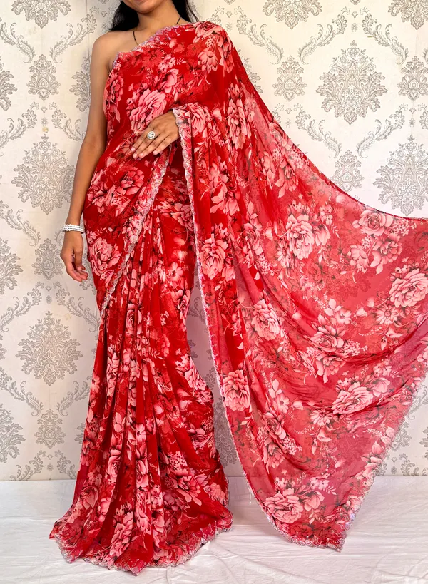 Red_Georgette_Elegant_Floral_Print_Saree_With_Rich_Lace_Border_For_Women