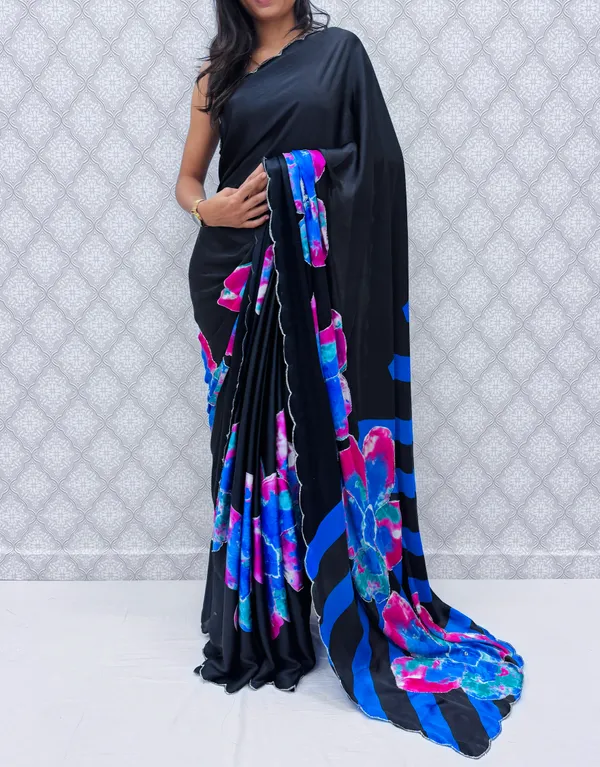 Blue_Satin_Silk_Floral_Sarees_For_Women