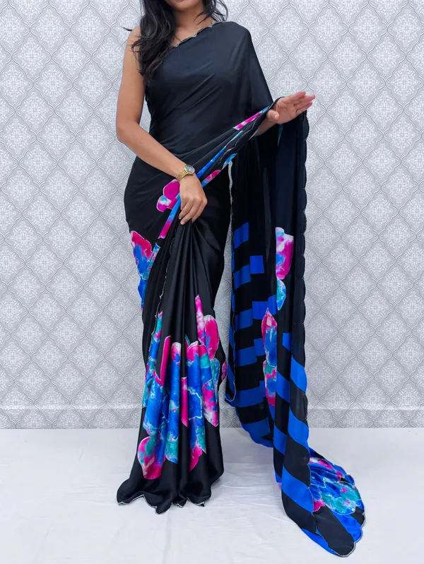 Blue_Satin_Silk_Floral_Sarees_For_Women