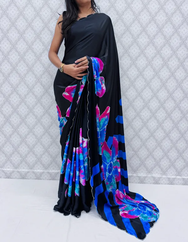 Blue_Satin_Silk_Floral_Sarees_For_Women