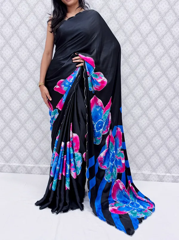 Blue_Satin_Silk_Floral_Sarees_For_Women
