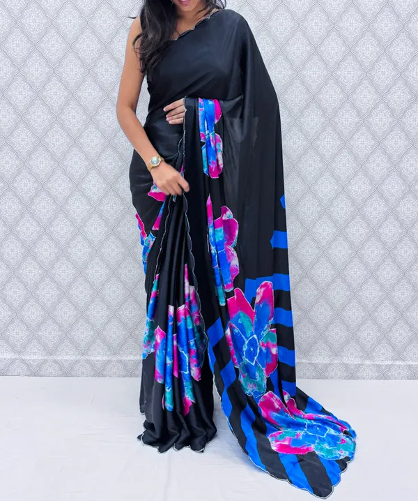 Blue_Satin_Silk_Floral_Sarees_For_Women