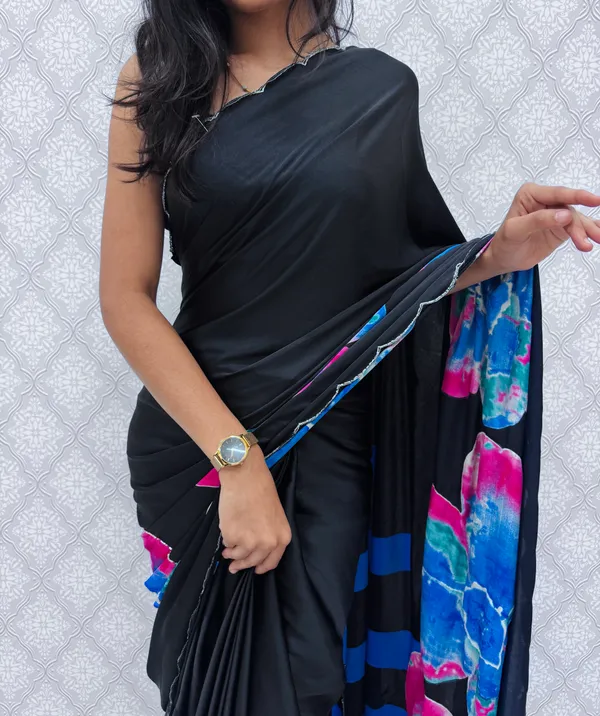Blue_Satin_Silk_Floral_Sarees_For_Women