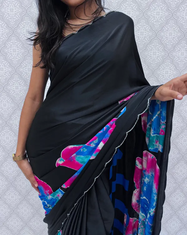 Blue_Satin_Silk_Floral_Sarees_For_Women