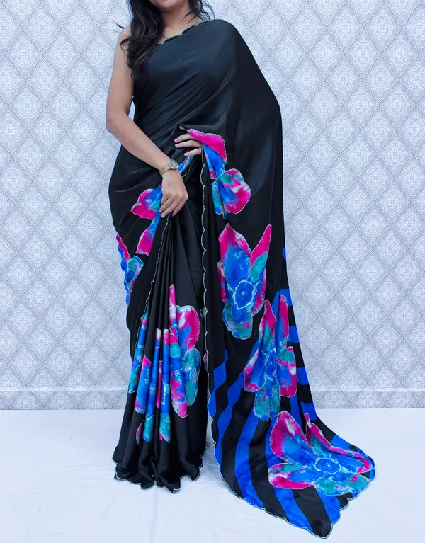 Blue_Satin_Silk_Floral_Sarees_For_Women